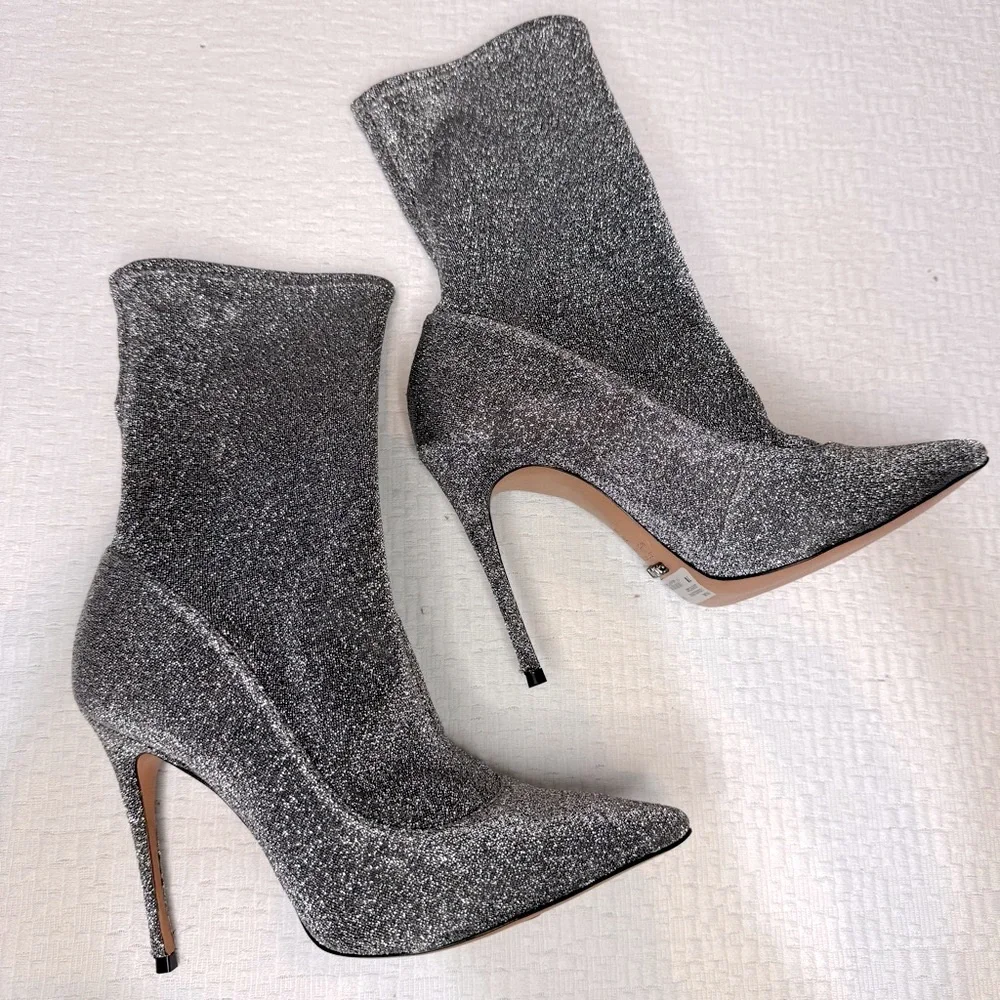 $258 SCHUTZ Silver Metallic Stretch Heeled Ankle Booties 9.5 NWT